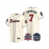 Men's Atlanta Braves #7 Dansby Swanson 2021 Cream World Series With 150th Anniversary Patch Cool Base Baseball Jersey