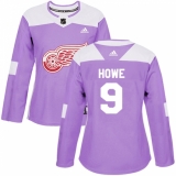 Women's Adidas Detroit Red Wings #9 Gordie Howe Authentic Purple Fights Cancer Practice NHL Jersey