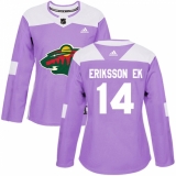 Women's Adidas Minnesota Wild #14 Joel Eriksson Ek Authentic Purple Fights Cancer Practice NHL Jersey