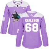 Women's Adidas San Jose Sharks #68 Melker Karlsson Authentic Purple Fights Cancer Practice NHL Jersey