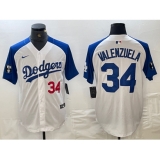 Mens Los Angeles Dodgers #34 Toro Valenzuela Number White Blue Fashion Stitched Cool Base Limited Jersey