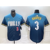 Mens Philadelphia Phillies #3 Bryce Harper Number Blue 2024 City Connect Limited Stitched Jersey